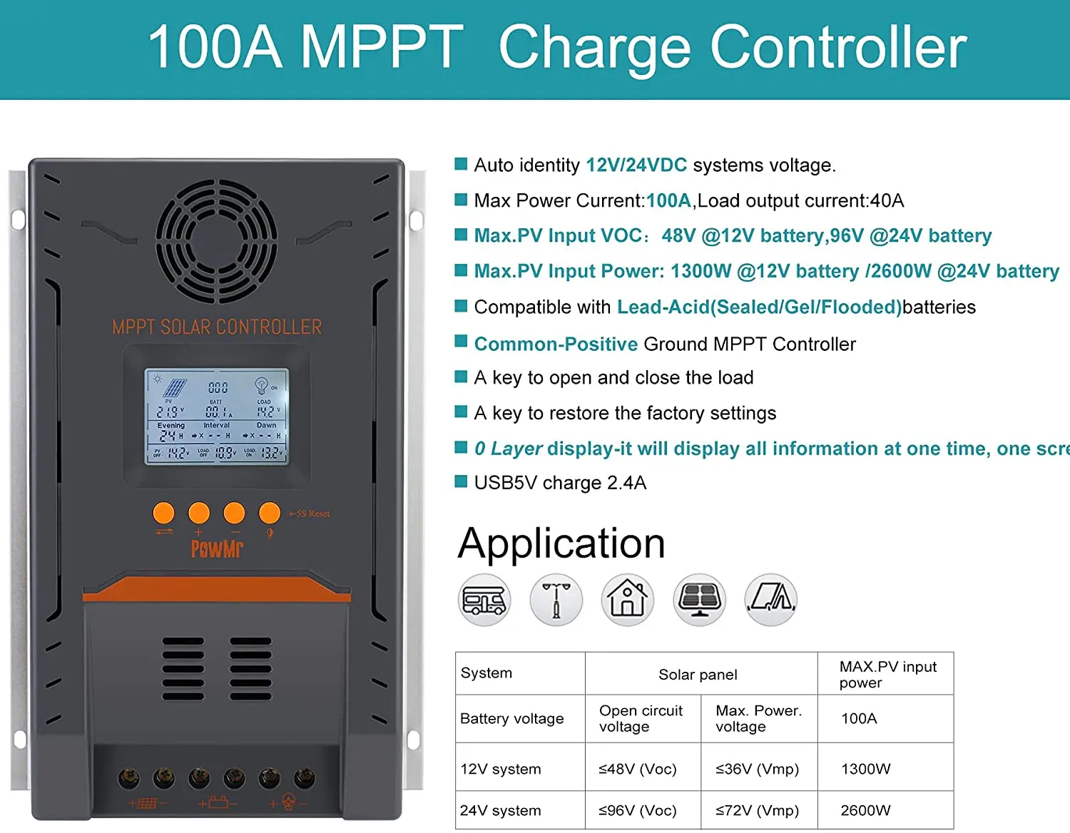 MPPT 100A Solar Charge Controller 12V 24V With Backlight LCD Solar Regulator Max 96 PV Input Dual USB Support 0 Layer Display