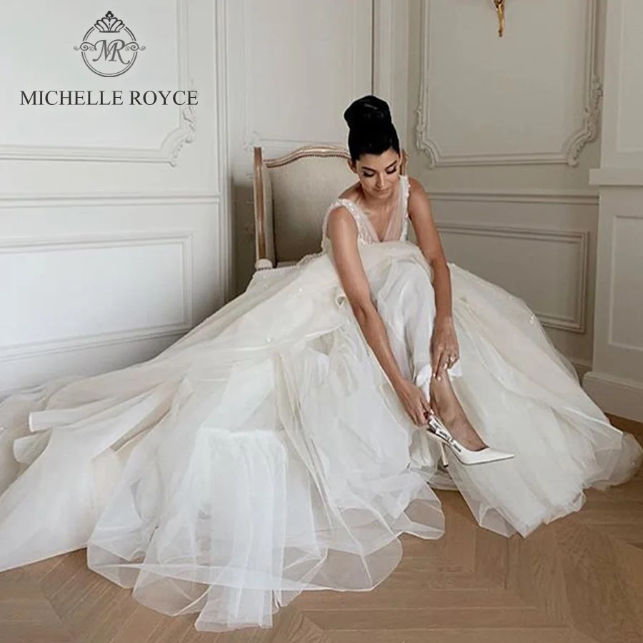 Michelle Royce A-Line Wedding Dresses For Women 2022 Bride Crystal Appliques Zipper Chapel Train Wedding Gown Vestido De Novia