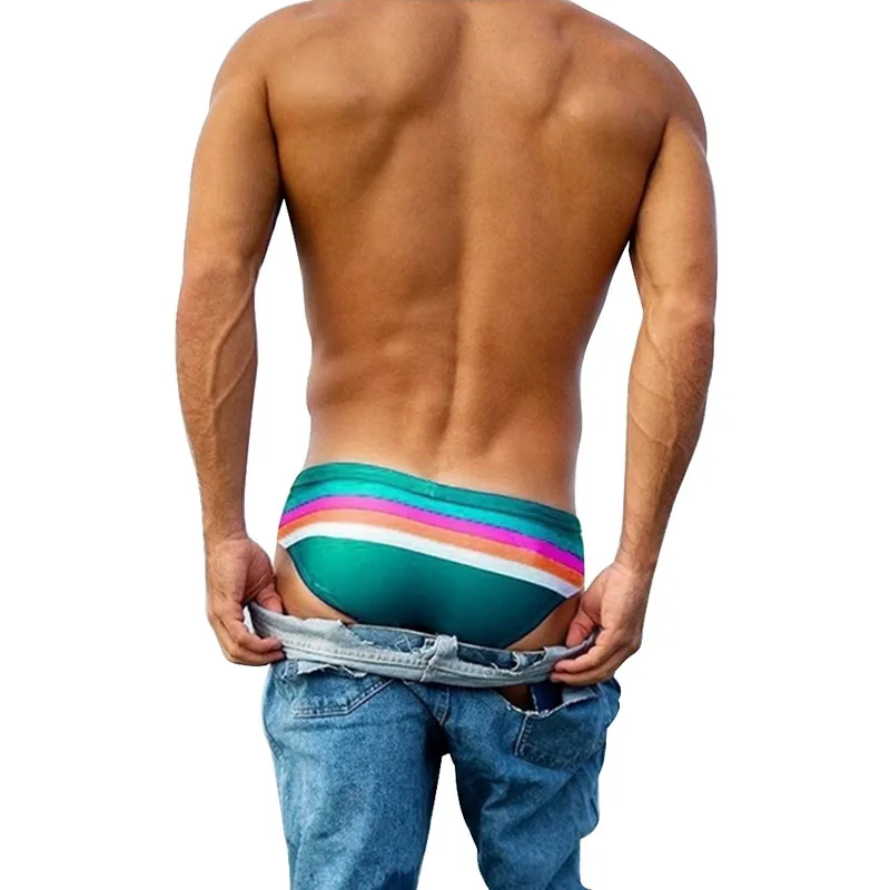 Mens Triangular Swimwear Low Rise Sexy Pouch Male Swimming Briefs Stripe Swimsuit Man Surf Swim Trunks Beach Shorts 2021 Fashion