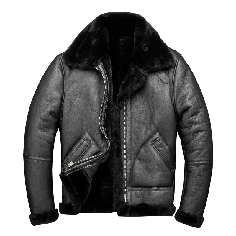 2020 Zwarte Mannen Amerikaanse Stijl Winter B3 Bomber Shearling Jas Real Dikke Schapenvacht Militaire Piloot Leren Jas Gratis Verzending