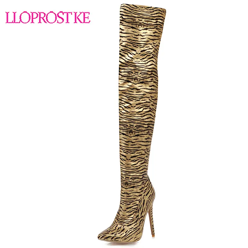 

Lloprost ke new fashion Zebra printing over the knee high boots for women lady winter stiletto heel pointed toe sexy long boots