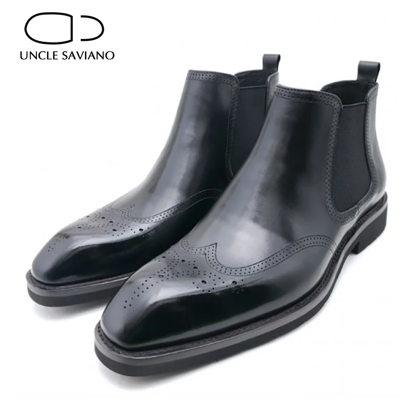 

Uncle Saviano Chelsea Brogue Men Boots Shoes Solid Winter Work Boots Add Velvet Fashion Designer Genuine Leather Shoes for Men