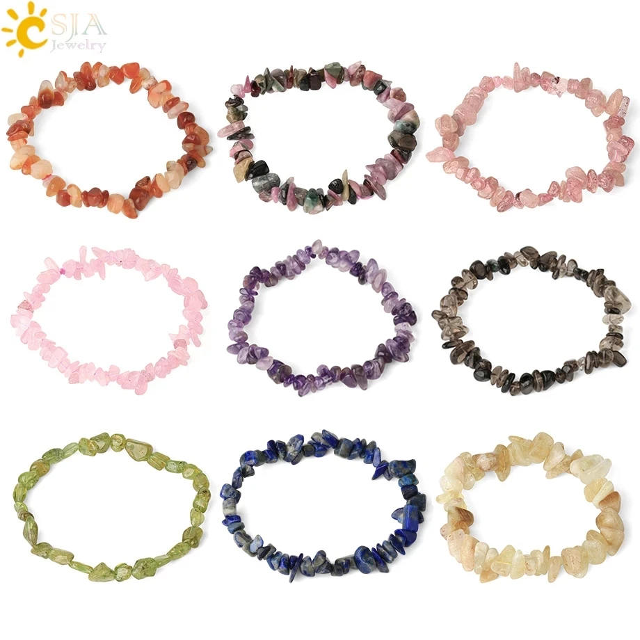 CSJA Irregular Chips Natural Stone Bracelet Asymmetry Beads Crystal Quartz Gravel Stretch Bracelets Bangles for Women Girls G365