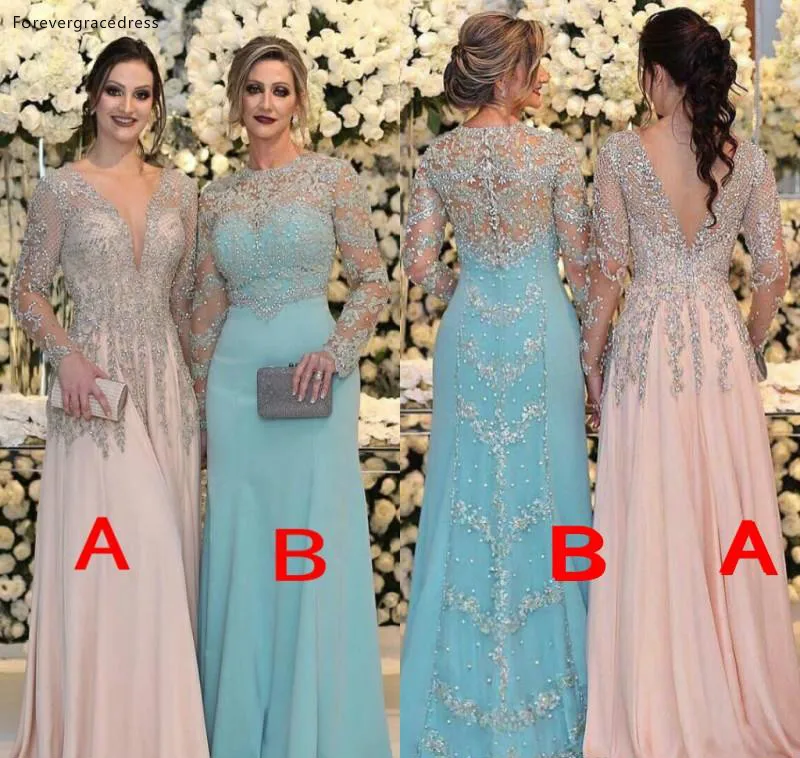 2019 Beaded Mother of the Bride Dresses Sheer Long Sleeves Formal Godmother Evening Wedding Party Guests Gown Plus Size