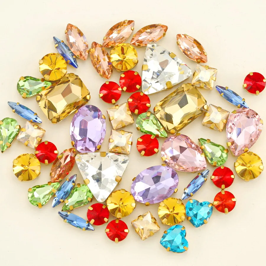 Goldene Krallenfassungen, 50 Stück/Beutel, verschiedene Formen, gemischte Jelly-Candy-Farben, Glas-Kristall zum Aufnähen, Strass für Hochzeitskleider, Schuhe, Taschen, DIY – Detail 4