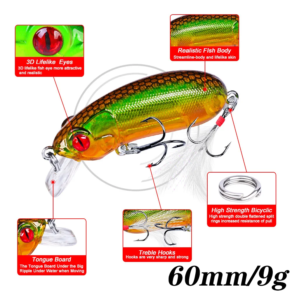 Leurre méné flottant rigide en plastique avec yeux 3D, appât artificiel idéal pour la pêche au bar ou au brochet, avec wobbler, crankbait, 60mm, 9g,