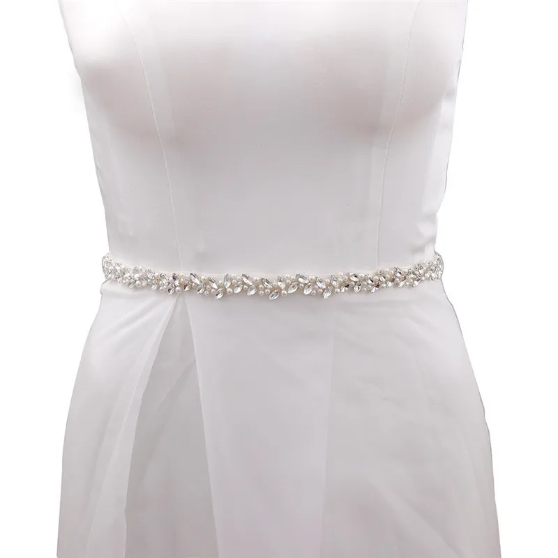 Simple Silver Color Rhinestone Bridal Belt Pearls Crystal Wedding Dress Sash Women Belt Waistband