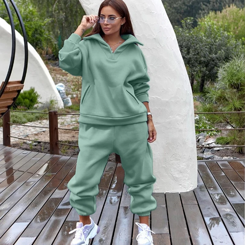 Women Tracksuit Set Plus Fleece Sweatshirts Two Piece Set Autumn Winter Casual Oversized Solid Female Sports Suit Long Pant Suit