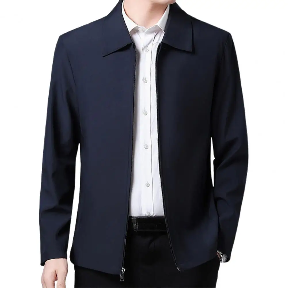 Men Coat Smooth Zipper Lapel Collar Solid Color Middle-aged Men Casual Jackets for Cold Weather