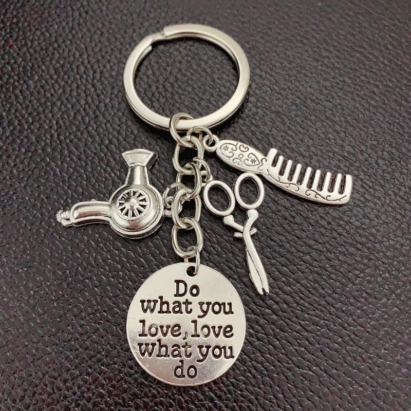 1 piece hairdresser keychain comb hair dryer scissors key chain alloy keychain women men jewelry barber gift