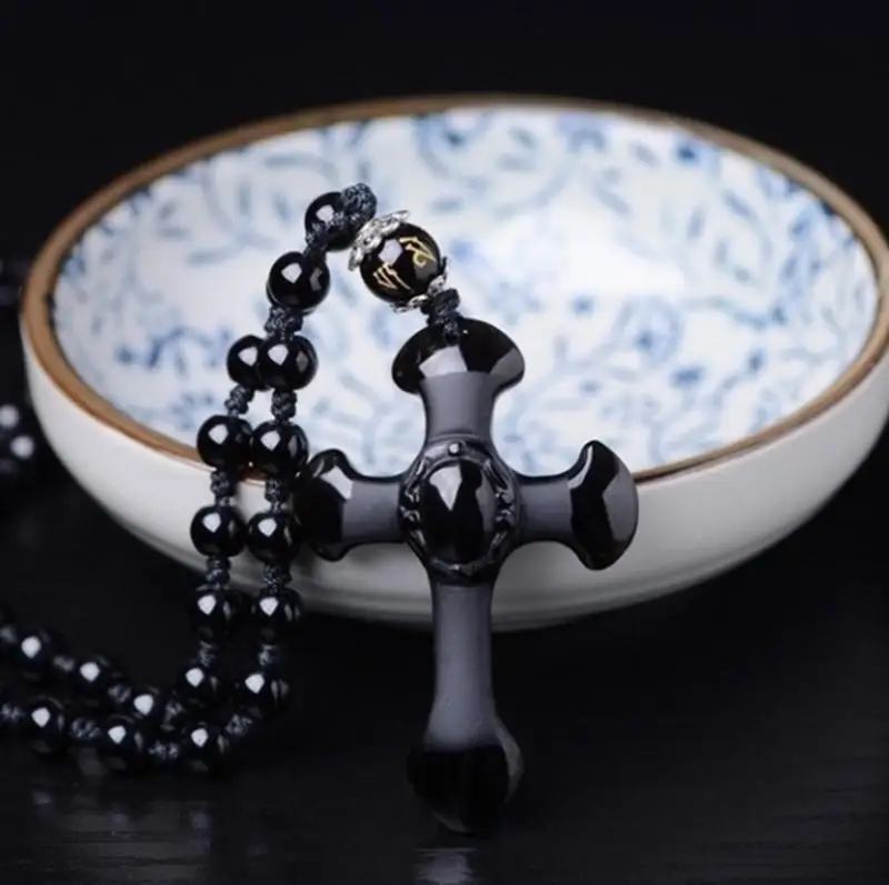 Natural Obsidian Carved Cross Lucky Pendant Beaded Necklace Men's Hand Carved Pendant Women Jewelry