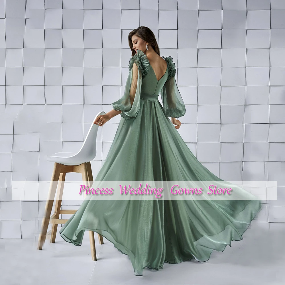 Exquisite A Line Party Gown For Woman Long Sleeves Ruffles V Neck Custom Floor Length Formal Evening Dress Vestidos De Noche