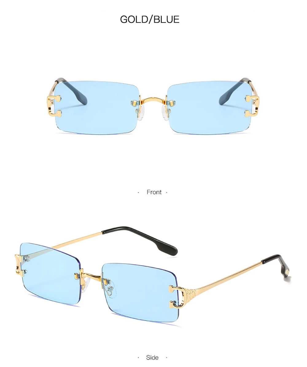 XaYbZc Blaue rechteckige Sonnenbrille, randlos, für Herren, Metall, modisch, quadratisch, Sonnenbrille für Damen, Verlaufsglas, rahmenlos, 2025, UV400 – Detail 16