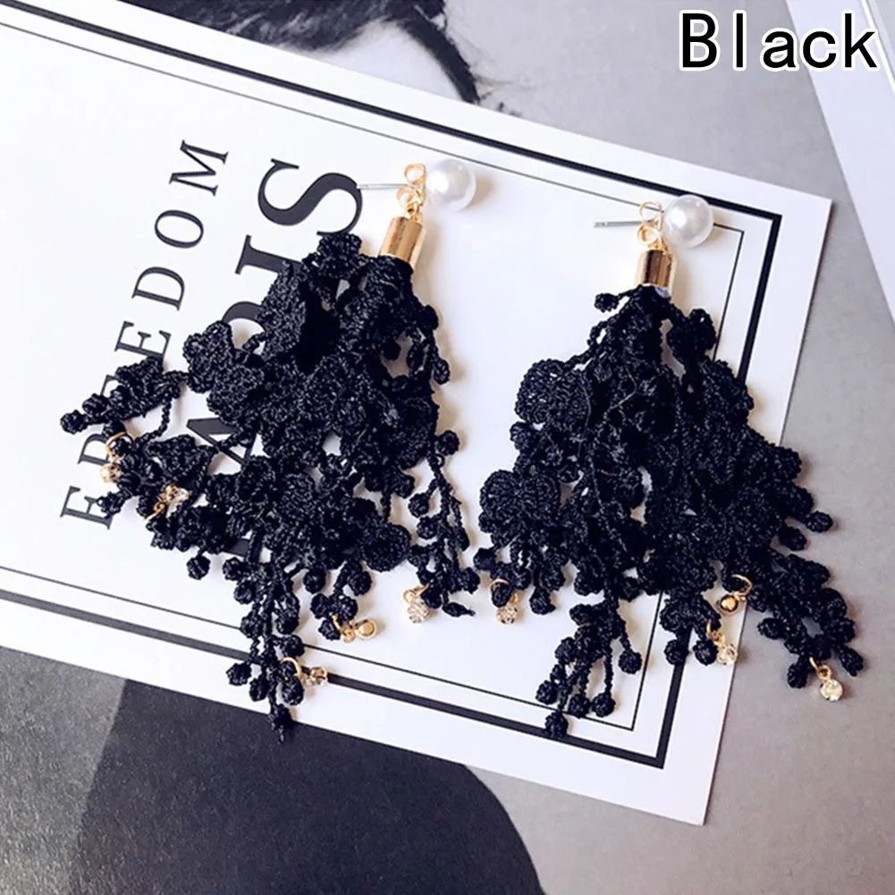 Fashion Lace Earring Female Drop Hanging Tassel Flower Fringe Dangle Statement Earring Boho Lace Women Wedding Pendant Jewelry