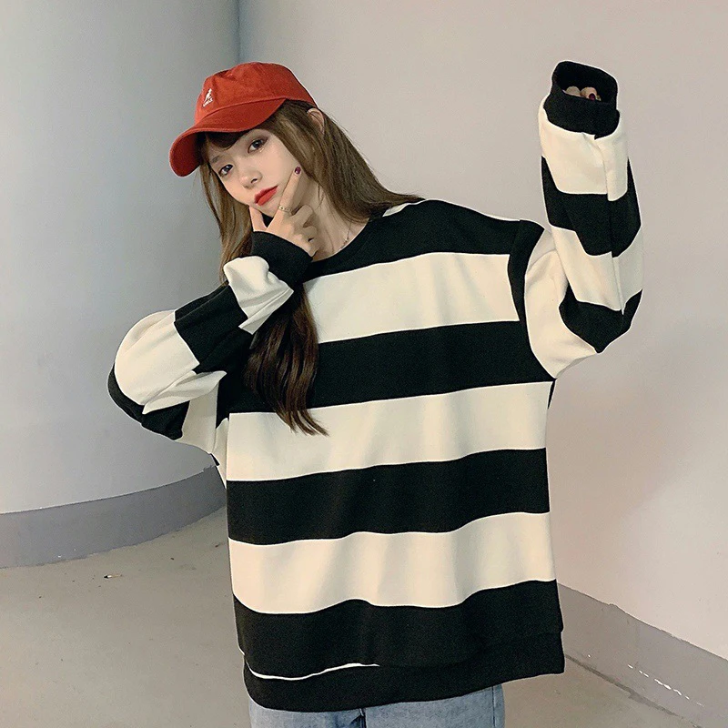 Fall Vintage Striped Long Sleeve Women T Shirts Korean Fashion Casual Harajuku Warm Oversized Streetwear Tops Black Yellow Green