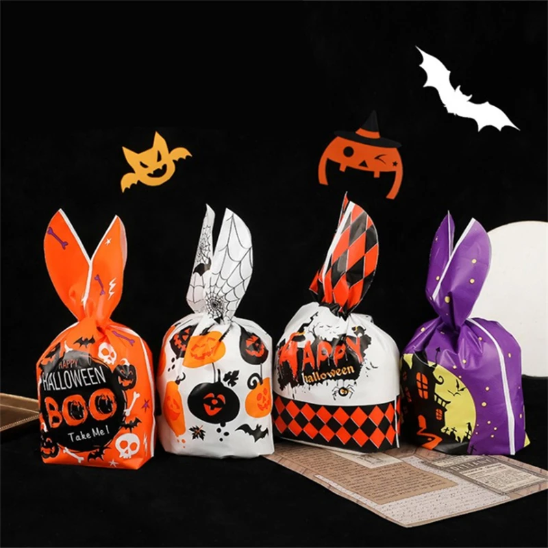 Bolsas de plástico con orejas de conejo de feliz Halloween, paquetes de regalo para dulces, galletas, aperitivos, embalaje para hornear, suministros para fiestas de Halloween, 10/50 piezas