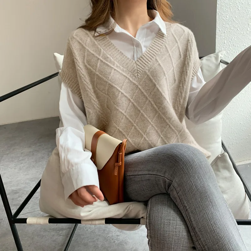 New V-Neck Girls Pullover 100% Wool Long Sweater Autumn Winter Women Vest Sleeveless Female Fashion Warm Casual Oversize