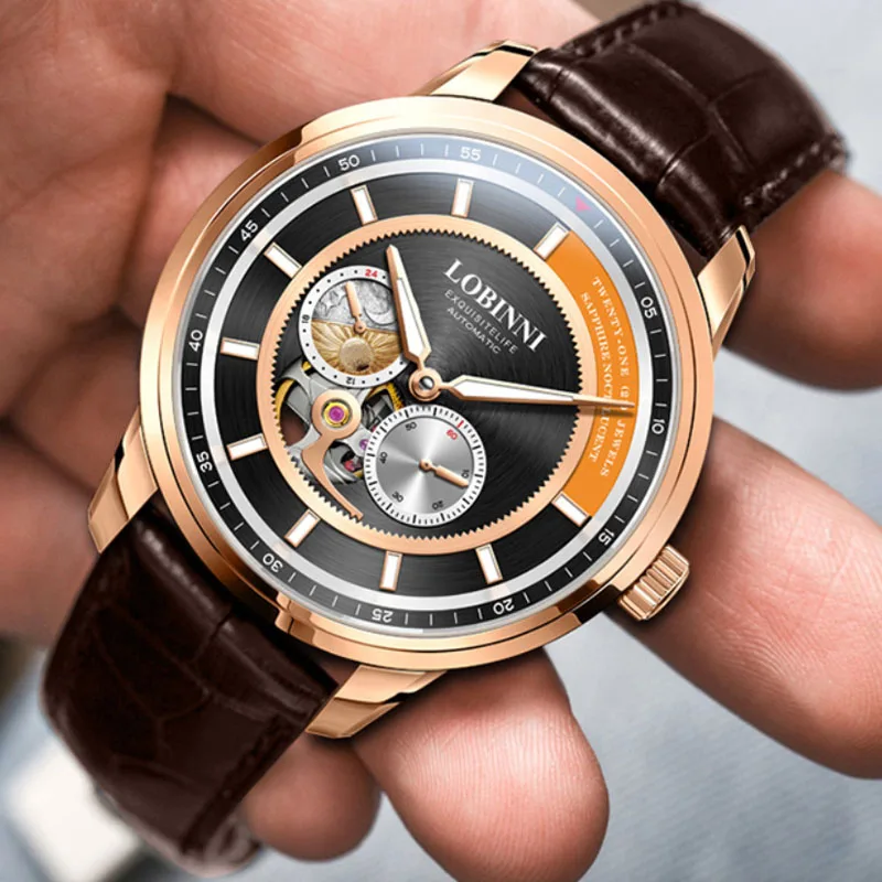 LOBINNI العلامة التجارية الفاخرة الرجال فستان ساعة الياقوت الزجاج مقاوم للماء الساعات التلقائي ساعة ميكانيكية ميوتا حركة على مدار الساعة
