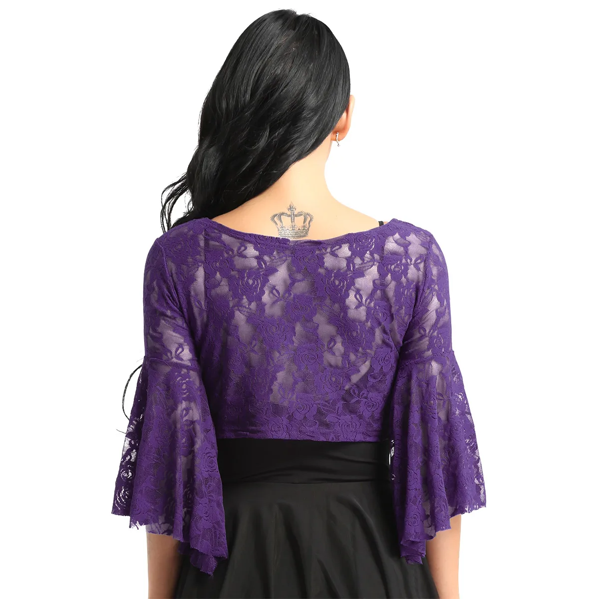 Women Long Flare Sleeve Ballet Dance Lace Top Shrug Floral Lace Mesh Cover Up Belly Ballroom Gymnastics Costume Cardigan Wraps