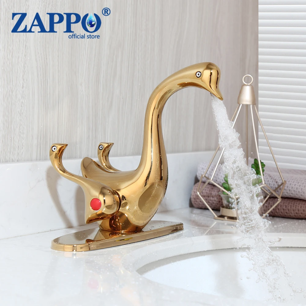 

ZAPPO Gold Swan Duck Bathroom Basin Sink Mixer Taps 2 Handles Deck Mounted Dolphin Gem Bathroom Widespread Faucet Tap