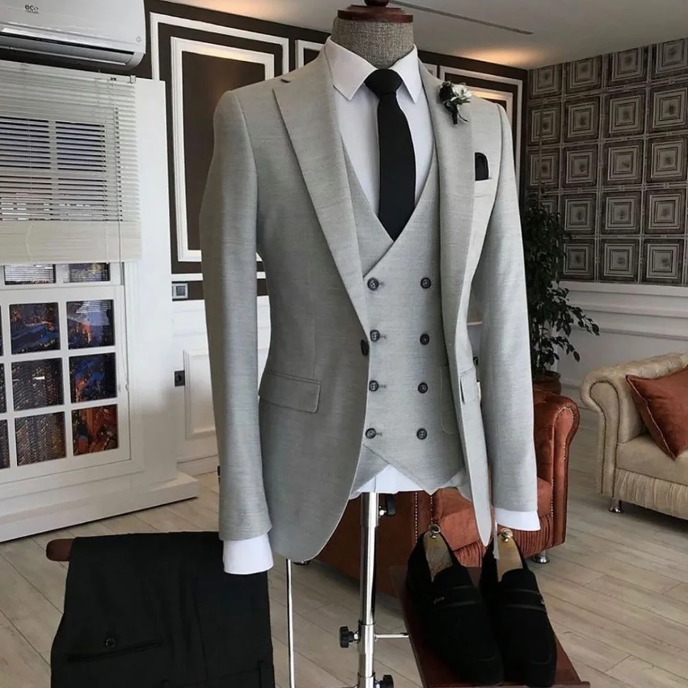

2021 Fashion Formal Light Grey Business Men Suits Slim Fit Tuxedo 3 Pieces Wedding Blazer For Men Groom Prom Suits Costume Homme