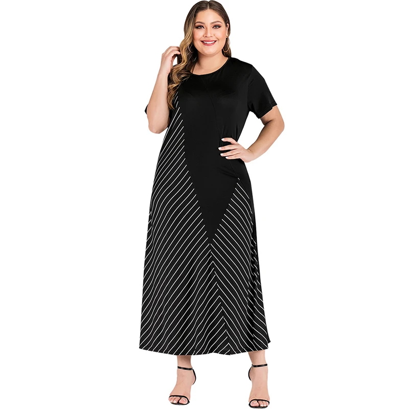 Summer New Women Maxi Dresses Black O Neck Short Sleeve Contrast Color Stripe Patchwork Loose Plus Size Jurken