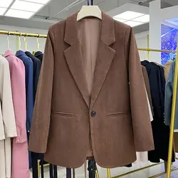 Classic Coffee Color Corduroy Blazer Female Autumn Winter Casual Retro High-End Jacket Women Suit Coat Single Buckle Top M1633