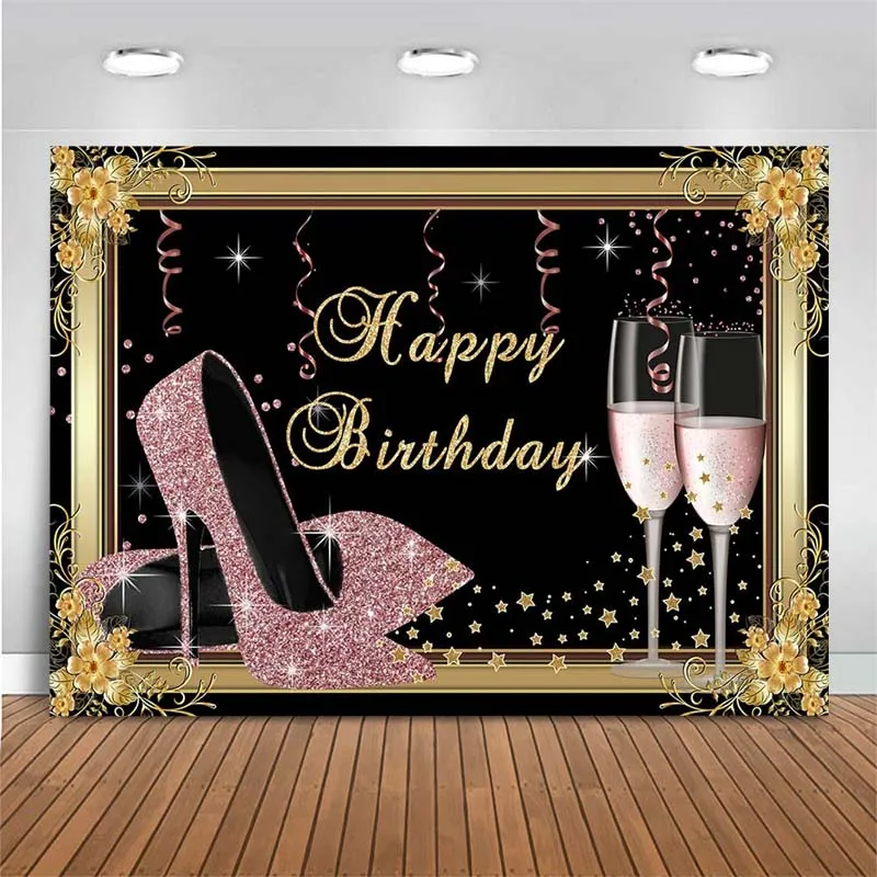 Birthday Backdrop Women Girls Happy Birthday Party Pink High Heels Glitter Photography Backdrop Photo Background For PhotoStudio