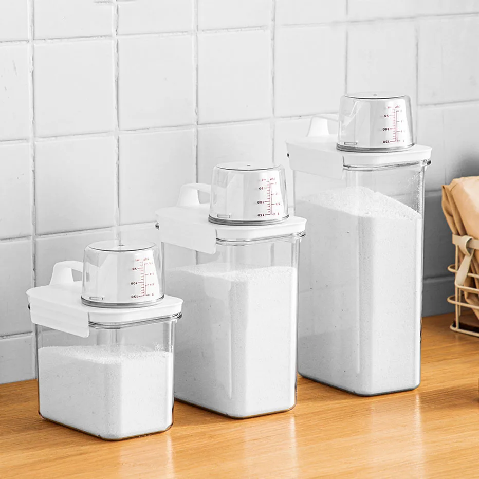 Multi-Use Laundry Powder Detergent Dispenser Food Grains Rice Storage Container Pour Spout Measuring Cup Detergent Box