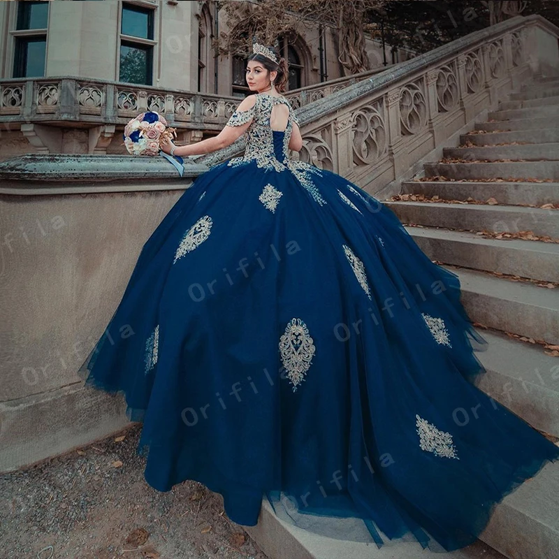 Vestido de fiesta azul marino de 15 años, quinceañera, graduación, Apliques de encaje, dulce, 16 vestidos de noche, tren de barrido