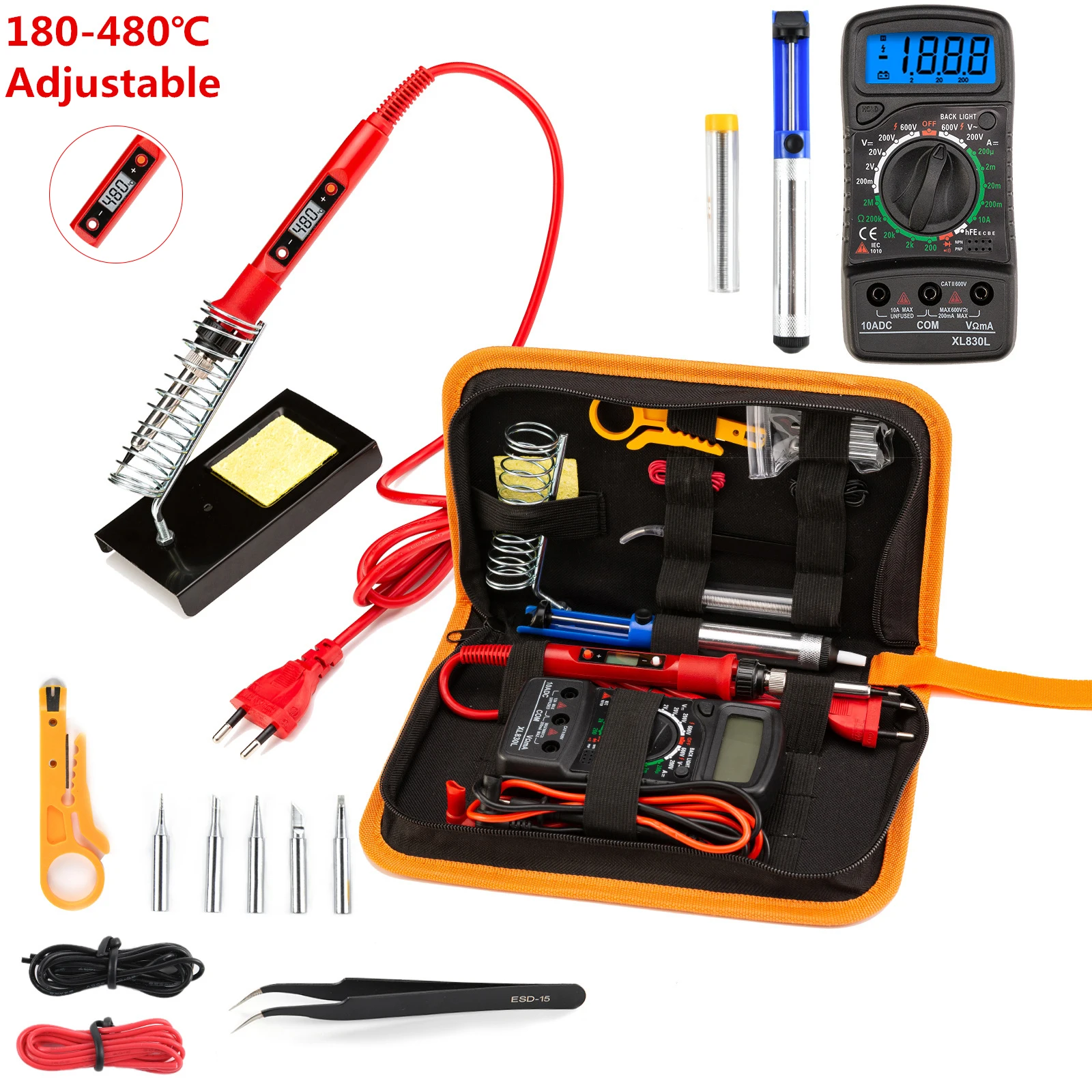 Electric Soldering Iron Kits 80W 220V LCD Adjustable Temperature Digital Multimeter Auto Ranging Welding Rework Solder Iron Tips