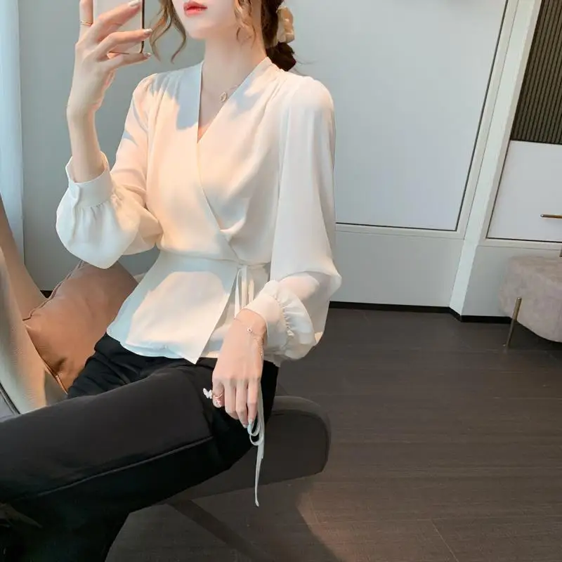 Women\'s Spring Autumn Style Blouse Shirt Women\'s V-Neck Lace Up Solid Color Long Sleeve Korean Casual Tops SP1271
