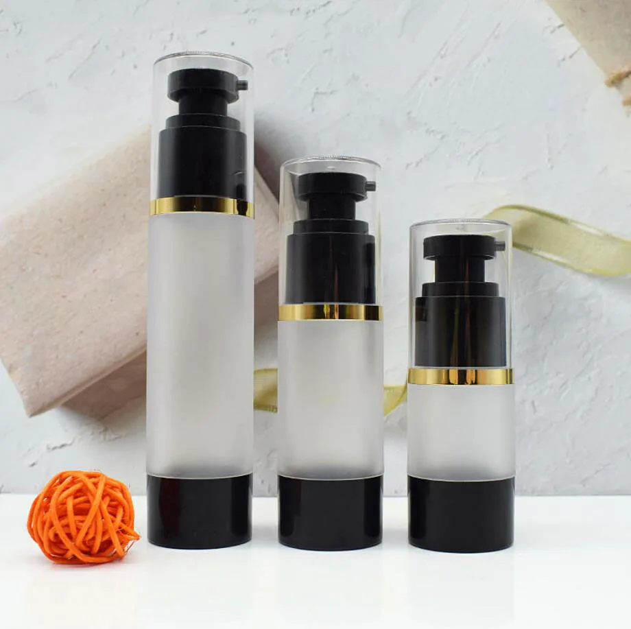 

15ml round head frosted plastic black airless bottle gold line eye essence serum/lotion/emulsion liquid foundation packing