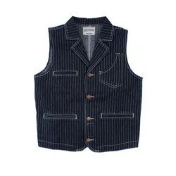 Retro New Striped Denim Vest Men Lapel Bodycon Multi-pocket Tooling Vest Casual Fashion Streetwear Hunting Cardigan Four Seasons