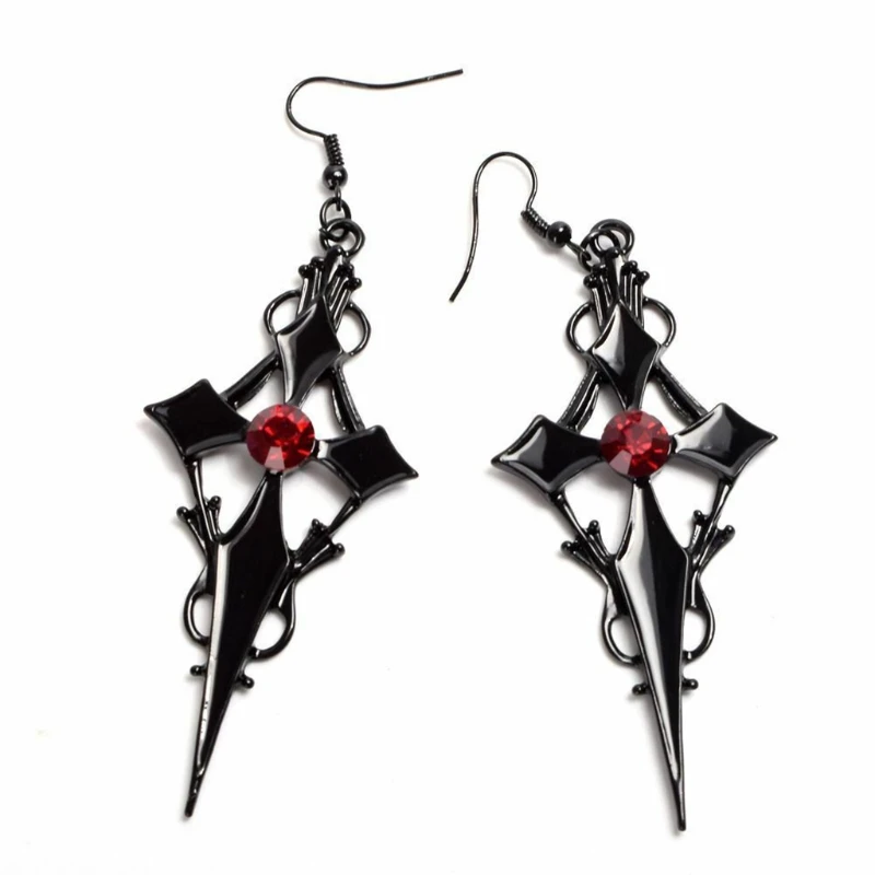 Gothic Victorian Cross Pendant Earrings with Red Austrian Crystals Cross Rhinestone Hour Hand Earrings Jewelry Gifts D55Y