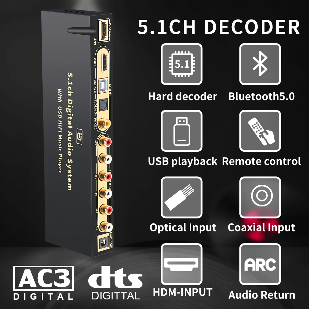 

5.1 Audio Decoder Bluetooth 5.0 DAC DTS AC3 FLAC APE 4K*2K Hdmi-ARC TV Extractor Splitter PC-USB SPDIF Coaxial Converter HD815