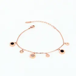 Delicate Hang Three Circle And Three Roman Numeral Black And White Shell Anklet For Women Stainless Steel Rose Gold Color Anklet