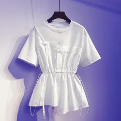 Casual 4XL Women Tees Tops 2022 Summer Fashion Patchwork Short Sleeve T-shirt Waist Banding Korean Chic Tshirts