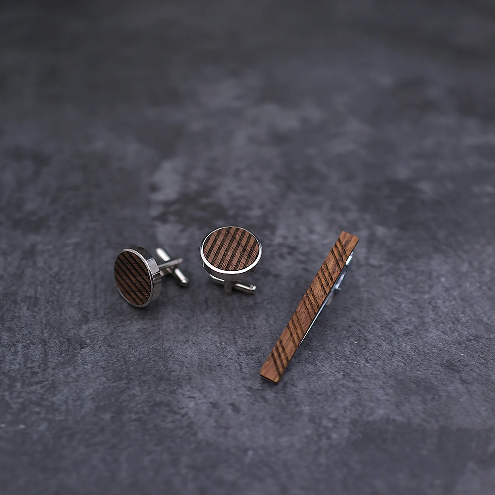 High Quality Wood Cuff links necktie clip for tie pin for men\'s gift Wooden pattern tie bars cufflinks tie clip set Men Jewelry