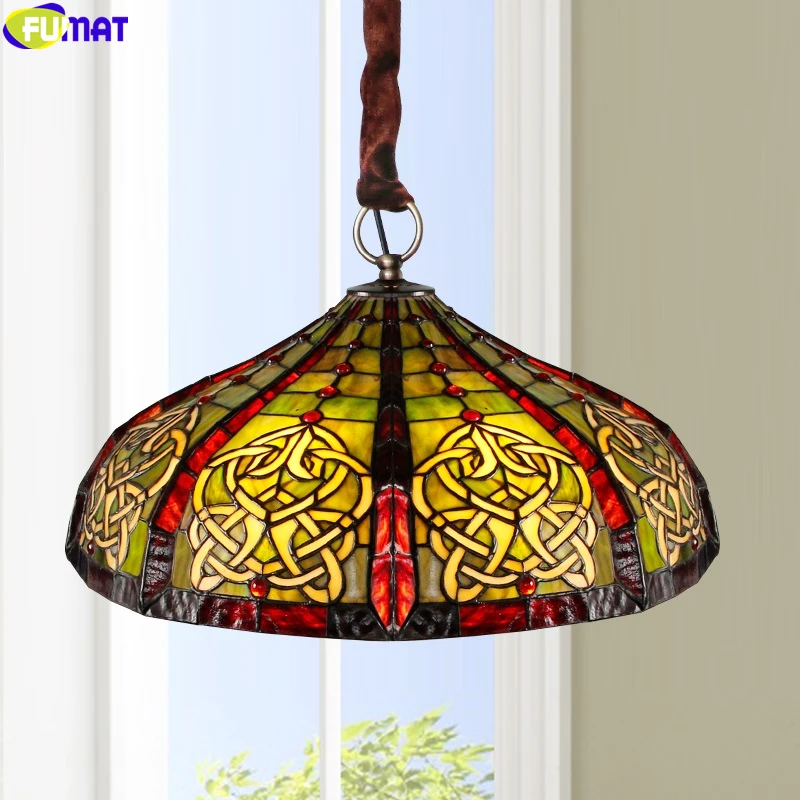 FUMAT Tiffany Style Pendant Lamp Stained Glass Reverse Chandelier 16Inch Multicolorfull Handcraft House Decor Art European Light