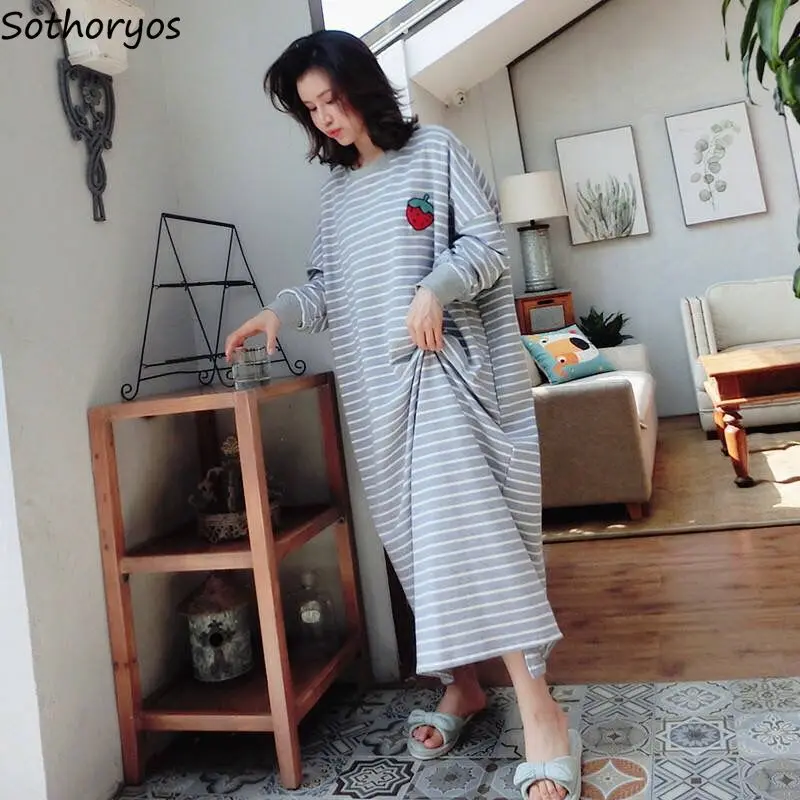 

Women Over Knees Nightgowns Striped Cute Comfortable Sleepshirts Long Sleeve Lounge O-neck Plus Size M-5XL Baggy Sleepwear Chic