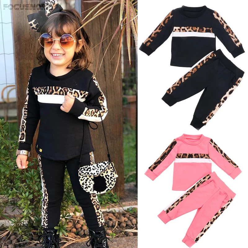 Kids Little Girls Clothes Sets Casual Leopard Print Long Sleeve Pullover Sweatshirt Tops High Waist Pants Outfits 1-6Y