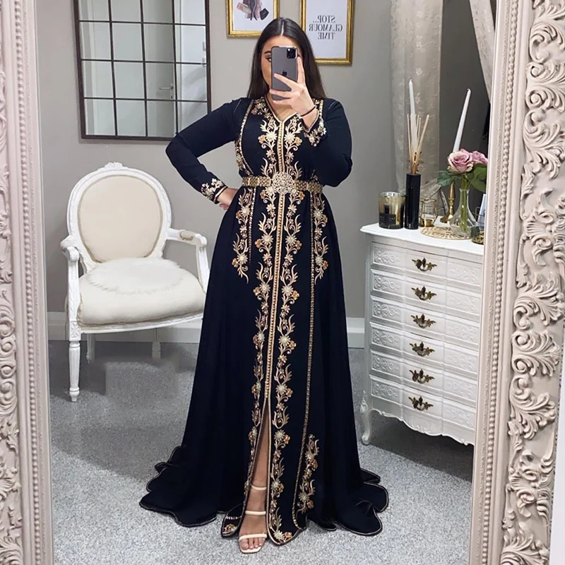 SoDigne Moroccan Caftan Evening Dresses Embroidery Appliques Muslim Evening Gown Jacket Kafutan Arabic Party Prom Dress