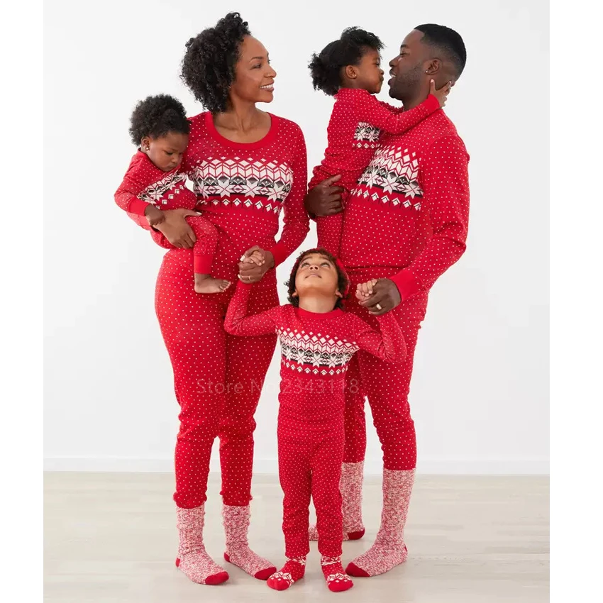 

Christmas Family Matching Pajamas Red Plus Size Knitting Print Sleepwear Xmas Couple Costume Mother Daughter 2 Pcs Set Homewear