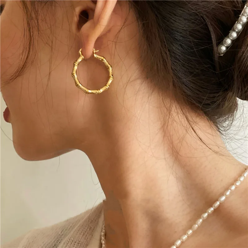 

Brass With 18k Gold Bamboo Round Statement Earrings Women Jewelry Party T Show Gown Runway Rare Korean Japan Trendy INS Boho