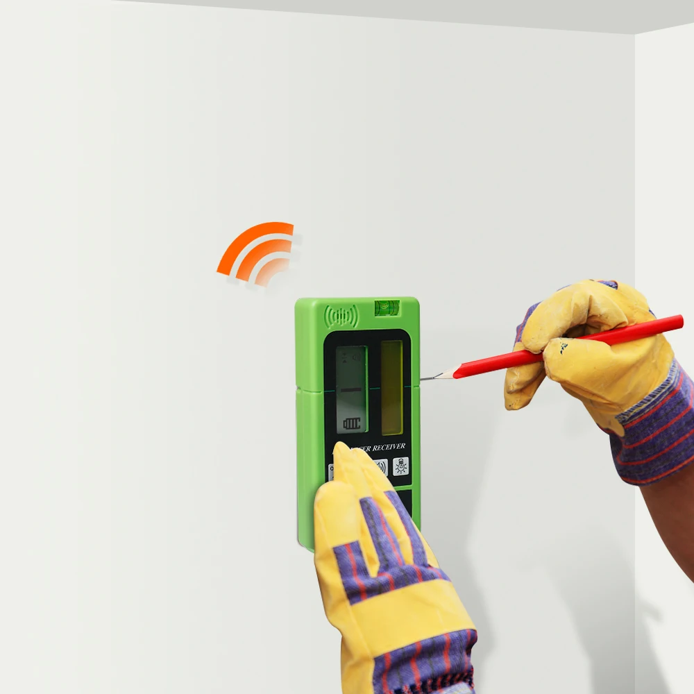 Detector de receptor de nivel láser con línea de pulsación para exteriores, nivelación electrónica para interiores, líneas horizontales verticales para haz verde y rojo