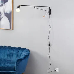 American Industrial Rotatable Swing Arm Metal Led Wall Lamp With Plug Wire For Living Room Bedroom Study Indoor Lighting Fixture