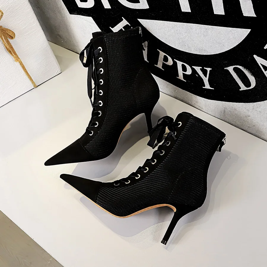 BIGTREE New Punk Women Ankle Boots Lace Up Pointed Toe high heel Black Chelsea Boots Pumps 8CM Shoes for Women Suede Boots