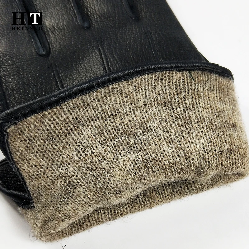 New winter men\'s leather gloves outdoor warm soft wear-resistant outer sewing black lines pattern deerskin mittens wool lining