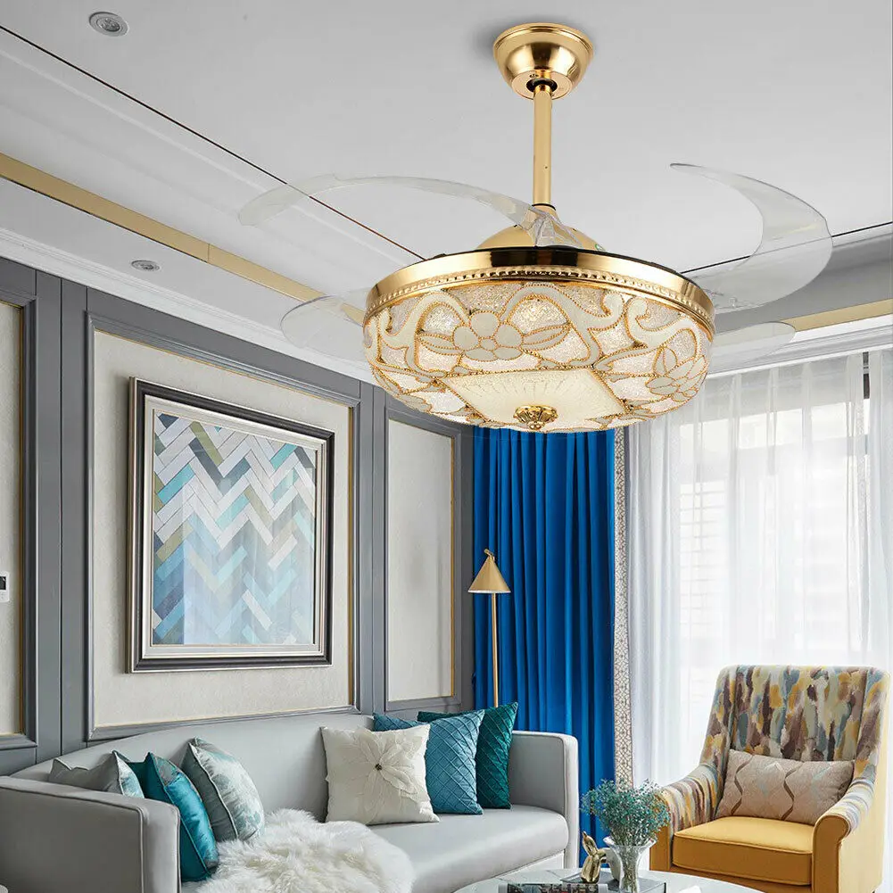 OUKANING 42" Gold LED Crystal Ceiling Fan Light 4 Retractable Blades 3 Speed Setting Chandelier with Remote Control for Indoor